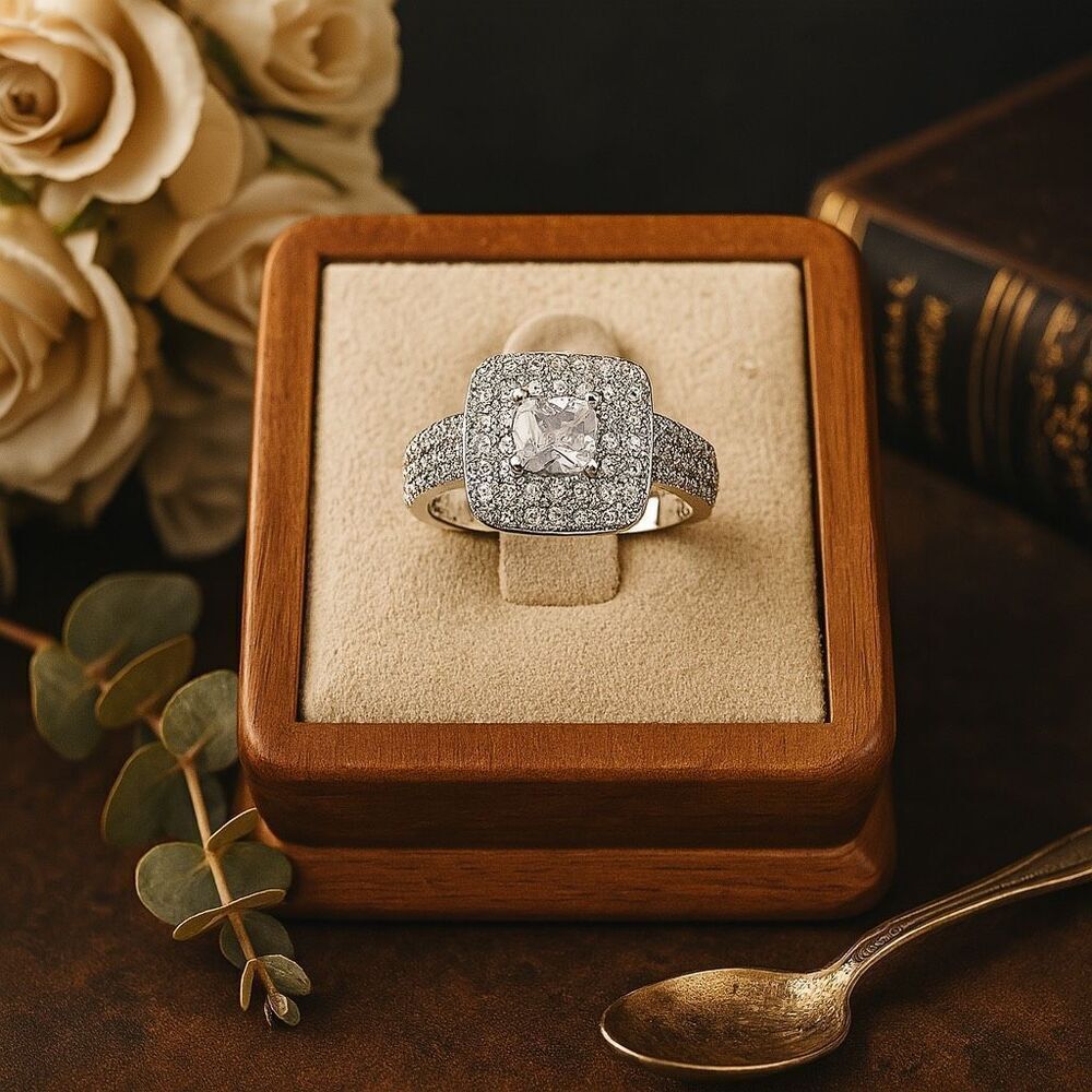 Square Halo Engagement Ring – Sparkling CZ Center Stone with Pave Band – Size 6